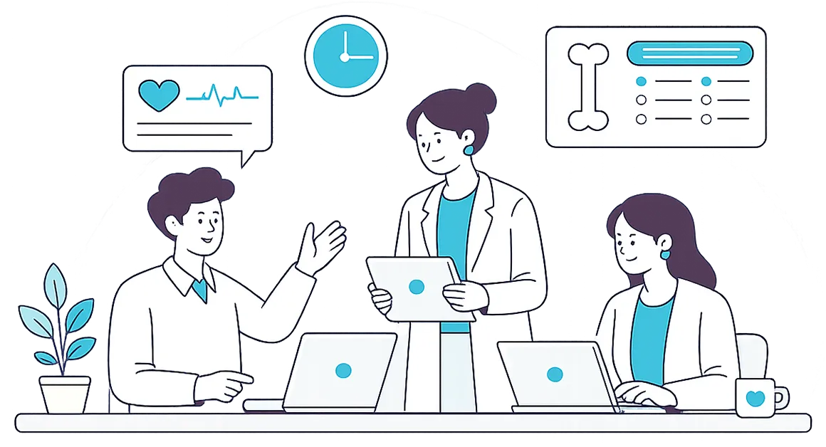 Illustration of a CareMind clinical team collaborating at their desks