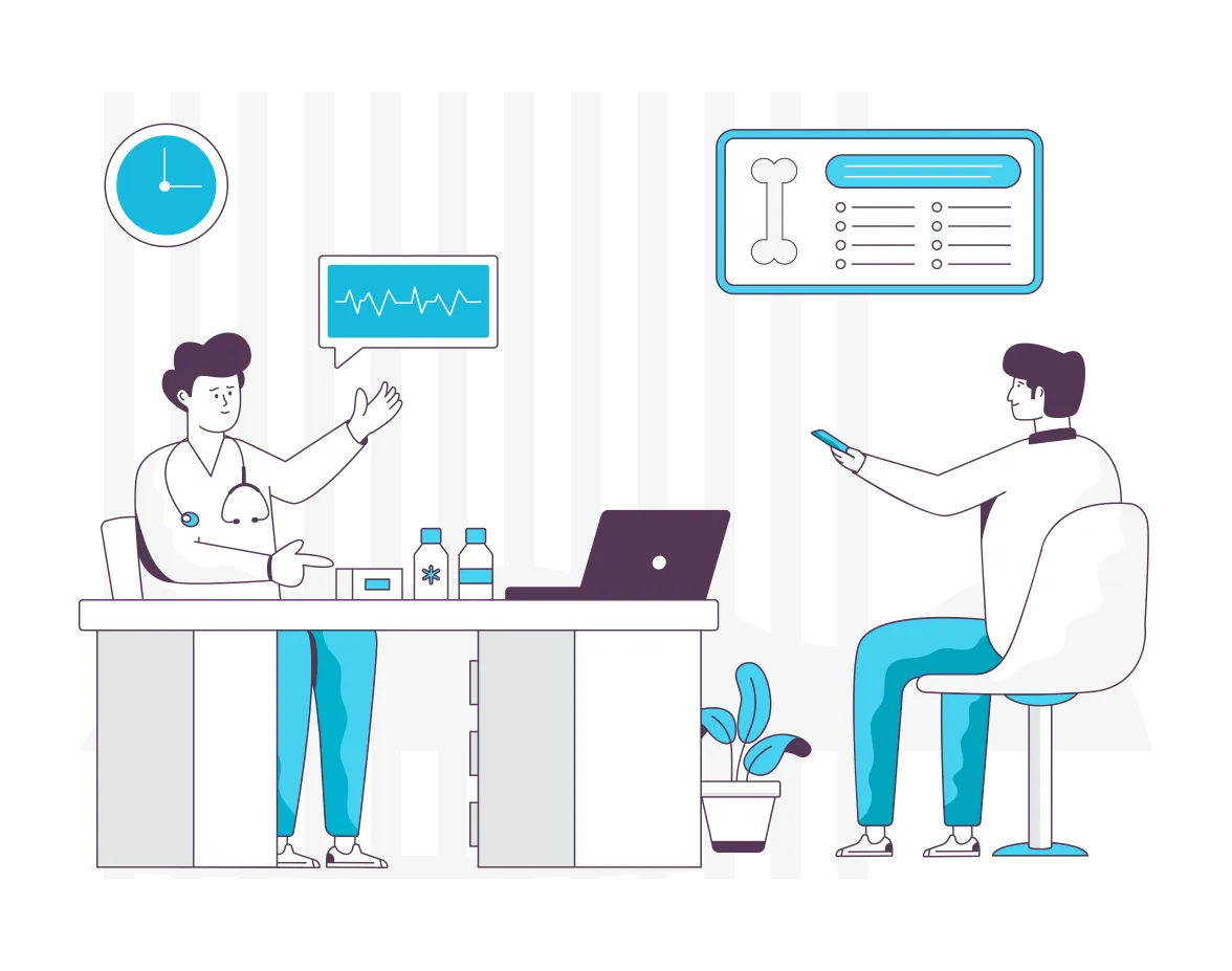 A clinician consulting with a colleague at a desk