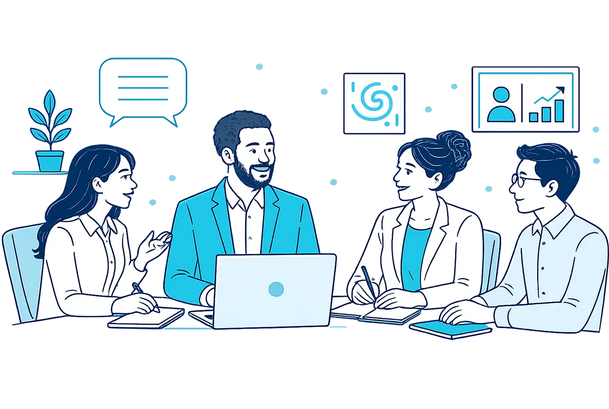 Illustration of the CareMind leadership team collaborating